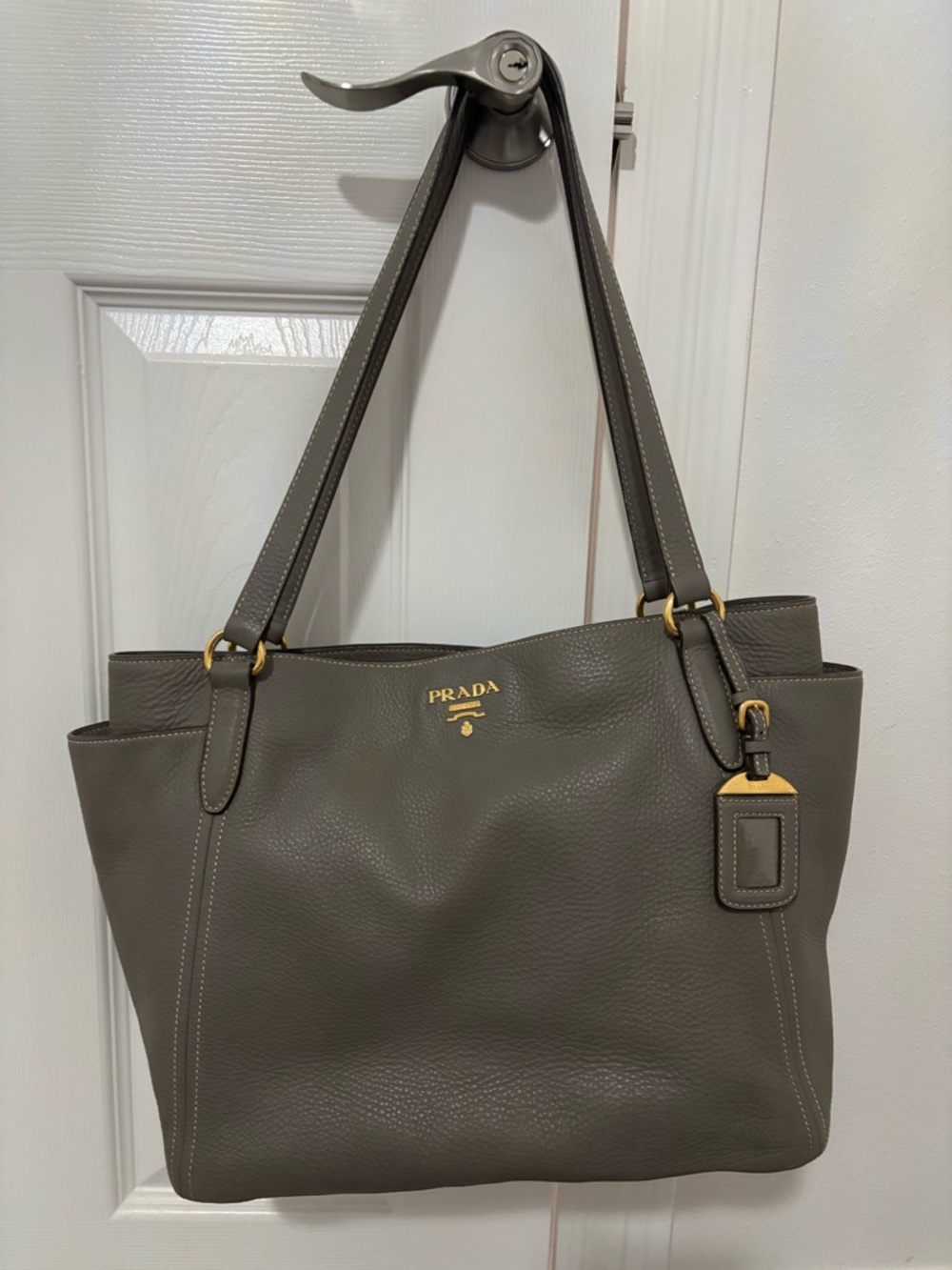 Prada Gray Taupe Leather Shoulder Tote with Gold Hardware